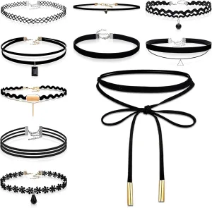 10 PCS Necklaces Black Velvet Choker Set Classic Gothic Tattoo Lace Chokers