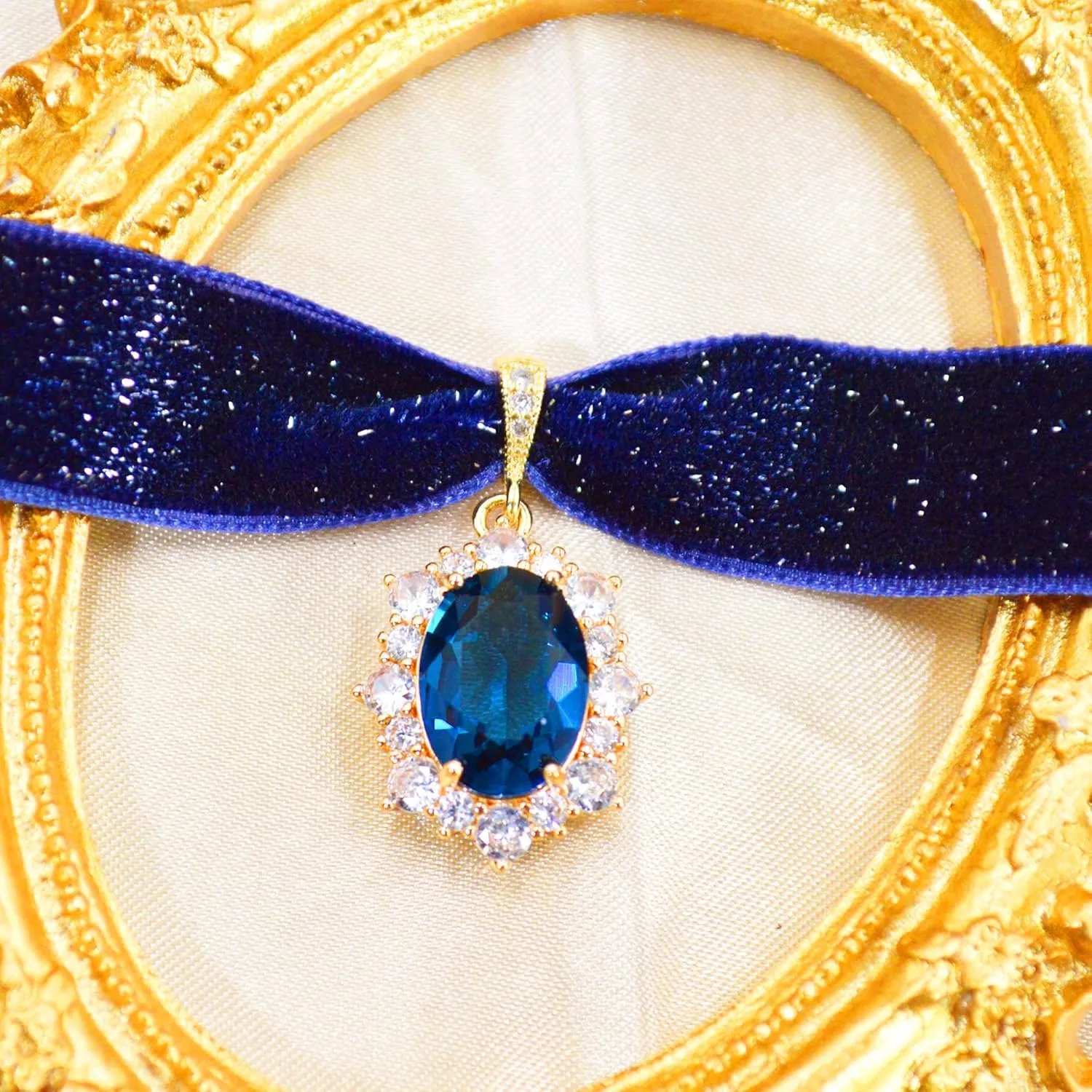 14K Gold Plated Sapphire Imitation Velvet Choker Necklace for Women Thick Chokers Birthstone Chocker Vintage Pendant Necklaces Chockers for Women Teen Girls Princess Costume Jewelry Aesthetic