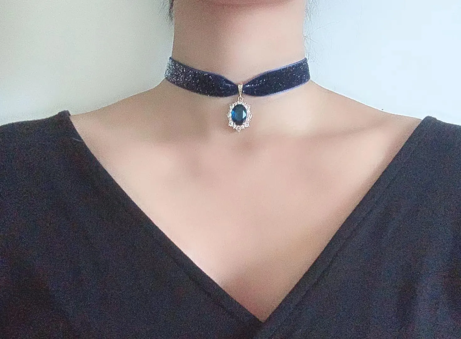 14K Gold Plated Sapphire Imitation Velvet Choker Necklace for Women Thick Chokers Birthstone Chocker Vintage Pendant Necklaces Chockers for Women Teen Girls Princess Costume Jewelry Aesthetic