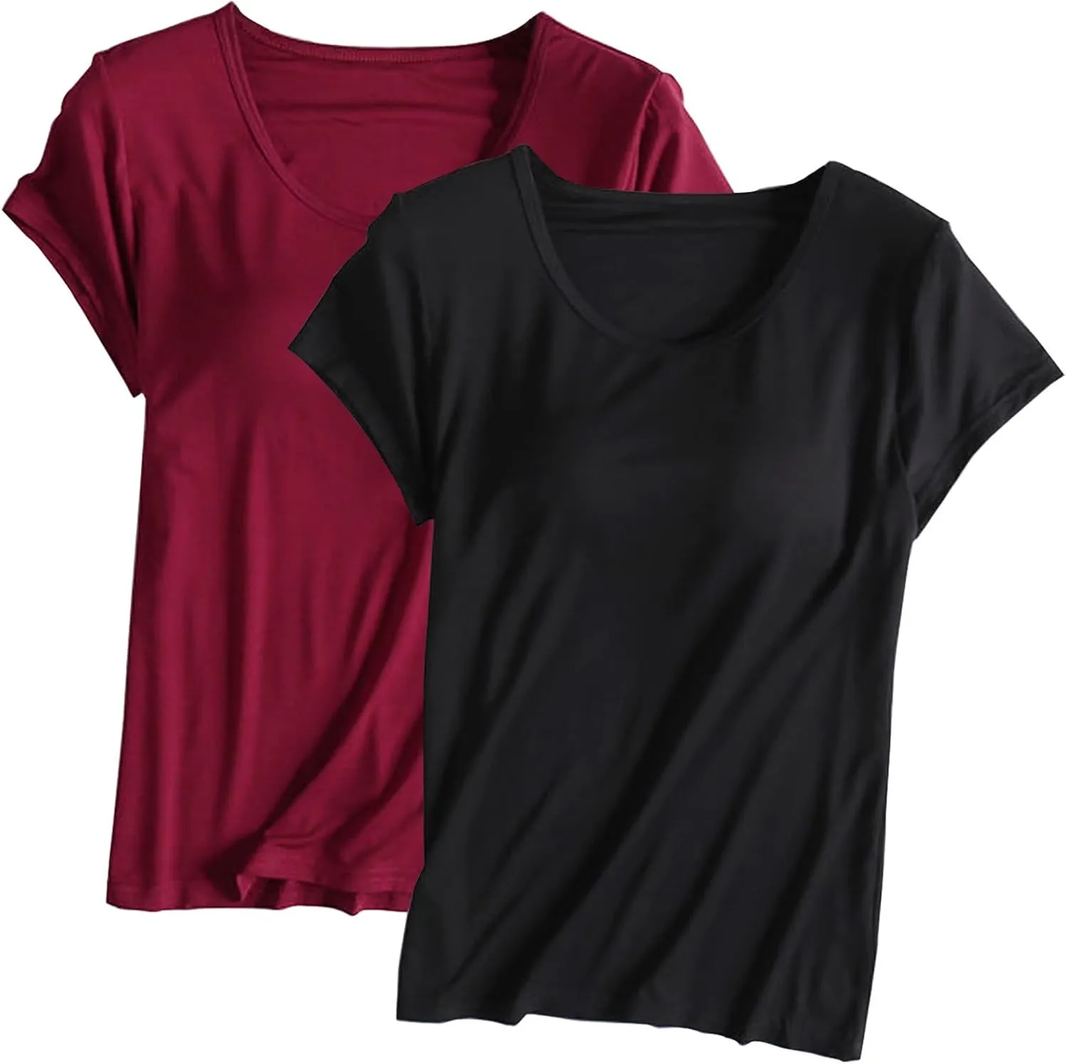 2 Pack Built in Bra Tops for Women Cozy Scoop Neck Short Sleeve T-Shirts Yoga Workout Tops with Built-in Padded Bra