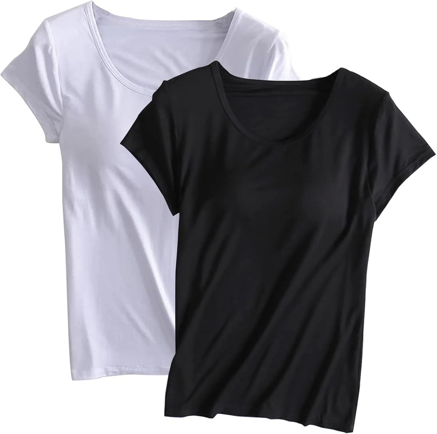 2 Pack Built in Bra Tops for Women Cozy Scoop Neck Short Sleeve T-Shirts Yoga Workout Tops with Built-in Padded Bra