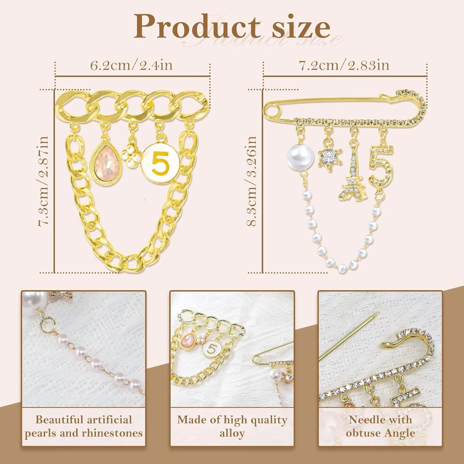 2 Pcs Vintage Number 5 Lapel Pins and Fashion Chain Brooch Imitating Rhinestone Crystal Brooch Pin