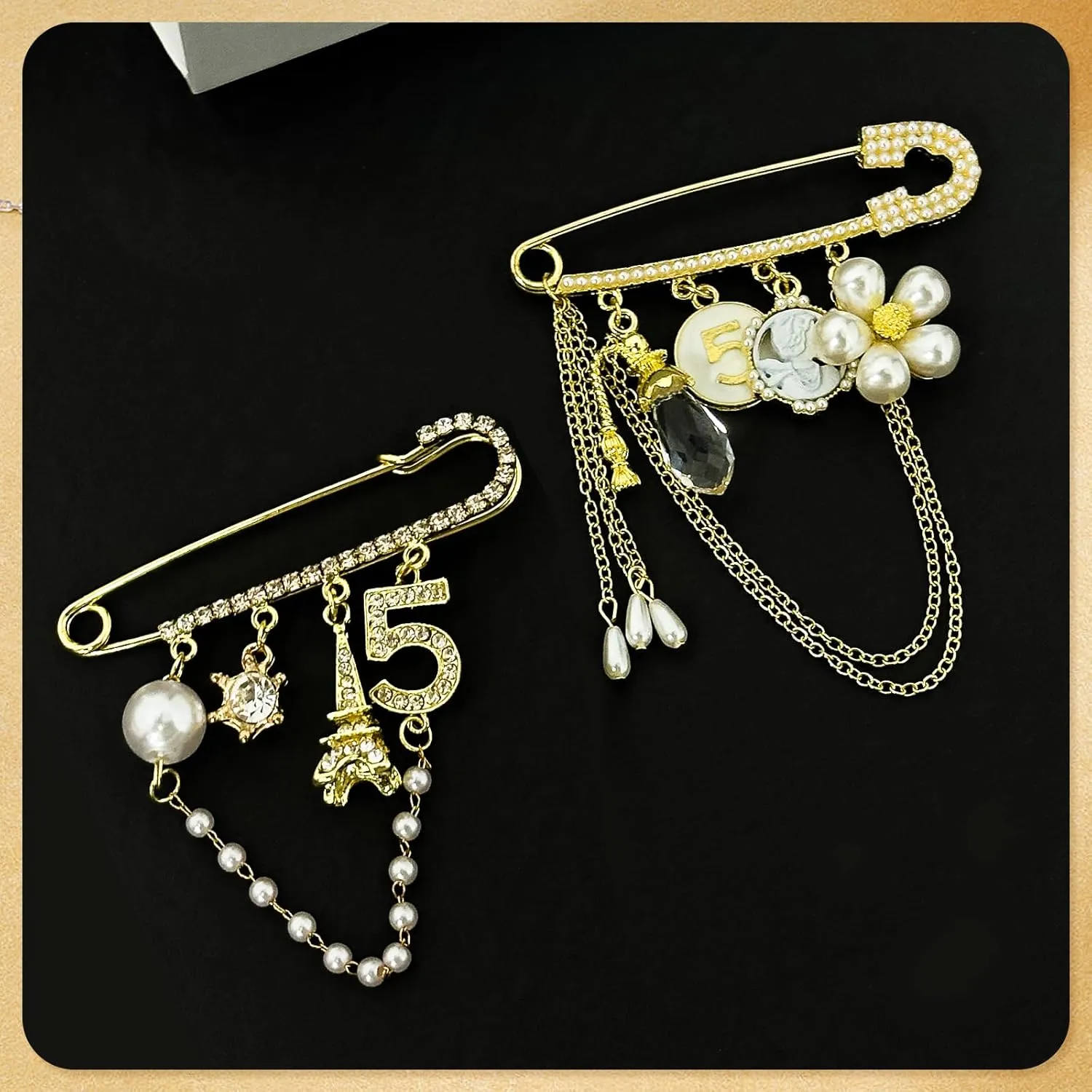 2 Pcs Vintage Number 5 Lapel Pins and Fashion Chain Brooch Imitating Rhinestone Crystal Brooch Pin