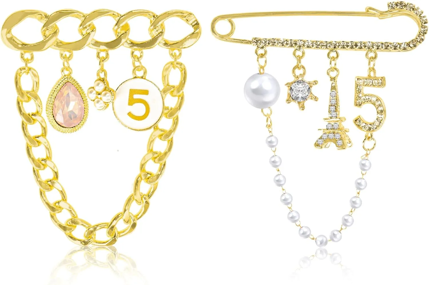 2 Pcs Vintage Number 5 Lapel Pins and Fashion Chain Brooch Imitating Rhinestone Crystal Brooch Pin