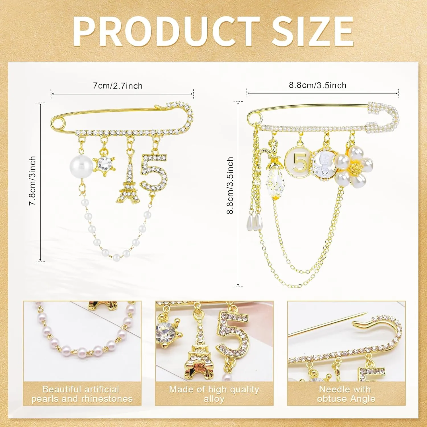 2 Pcs Vintage Number 5 Lapel Pins and Fashion Chain Brooch Imitating Rhinestone Crystal Brooch Pin