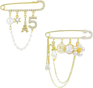 2 Pcs Vintage Number 5 Lapel Pins and Fashion Chain Brooch Imitating Rhinestone Crystal Brooch Pin