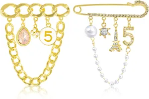 2 Pcs Vintage Number 5 Lapel Pins and Fashion Chain Brooch Imitating Rhinestone Crystal Brooch Pin