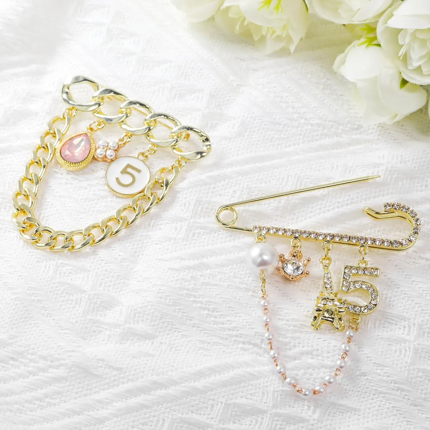 2 Pcs Vintage Number 5 Lapel Pins and Fashion Chain Brooch Imitating Rhinestone Crystal Brooch Pin