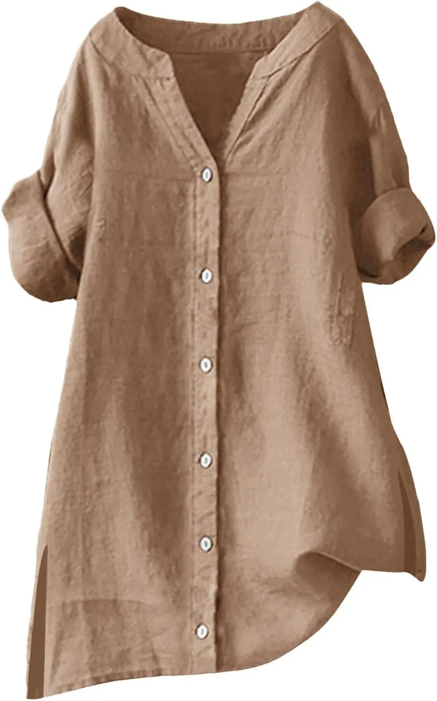 2025 Linen Shirts for Women Loose Fit Button Down Notch Collar Casual Tops Roll Up Short Sleeve Side Split Blouses
