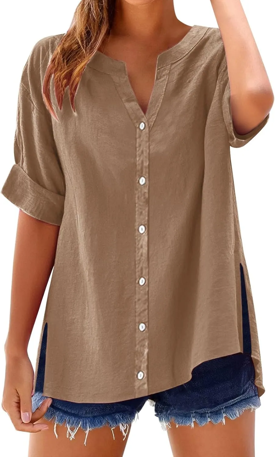 2025 Linen Shirts for Women Loose Fit Button Down Notch Collar Casual Tops Roll Up Short Sleeve Side Split Blouses