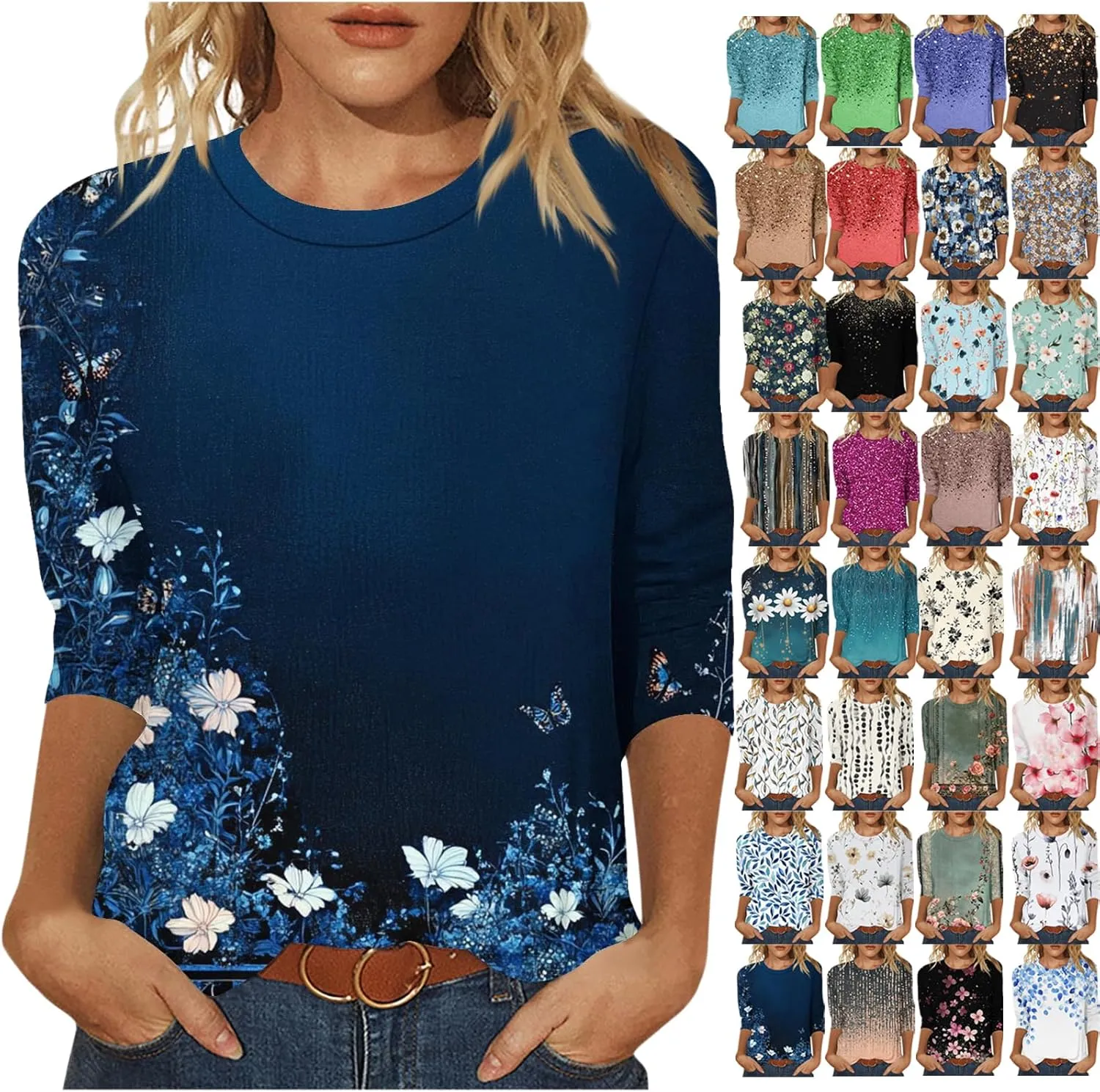3/4 Length Sleeve Womens Tops Plus Size Print Graphic Tee Shirts Causal Dressy Crewneck Shirts Loose Fit Blouse Tees