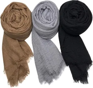 3PCS Cotton Scarf 37x71 Inch Soft & Warm Scarf for Women Lightweight with Fringed Edges Crinkle Vintage Scarf Shawl Fashion Clothing Supplies