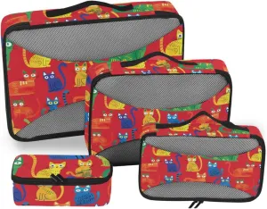 4 Pcs set cube storage organizer Mesh Travel Essentials Colorful Cartoon Cats Red portable cubes for diaper bag