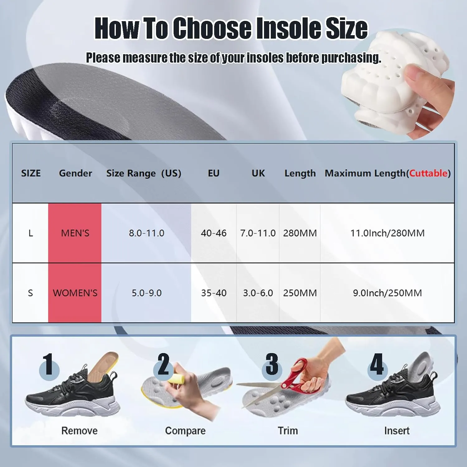 4D Cloud Height Increase Insoles for Men Wowen - Cloud Tech Insole, Soft Memory Foam Insoles, Comfort Steppers Height Increase Insoles Trim to Fit for Men Women (Gray, 1.4-in US Men 8-11)