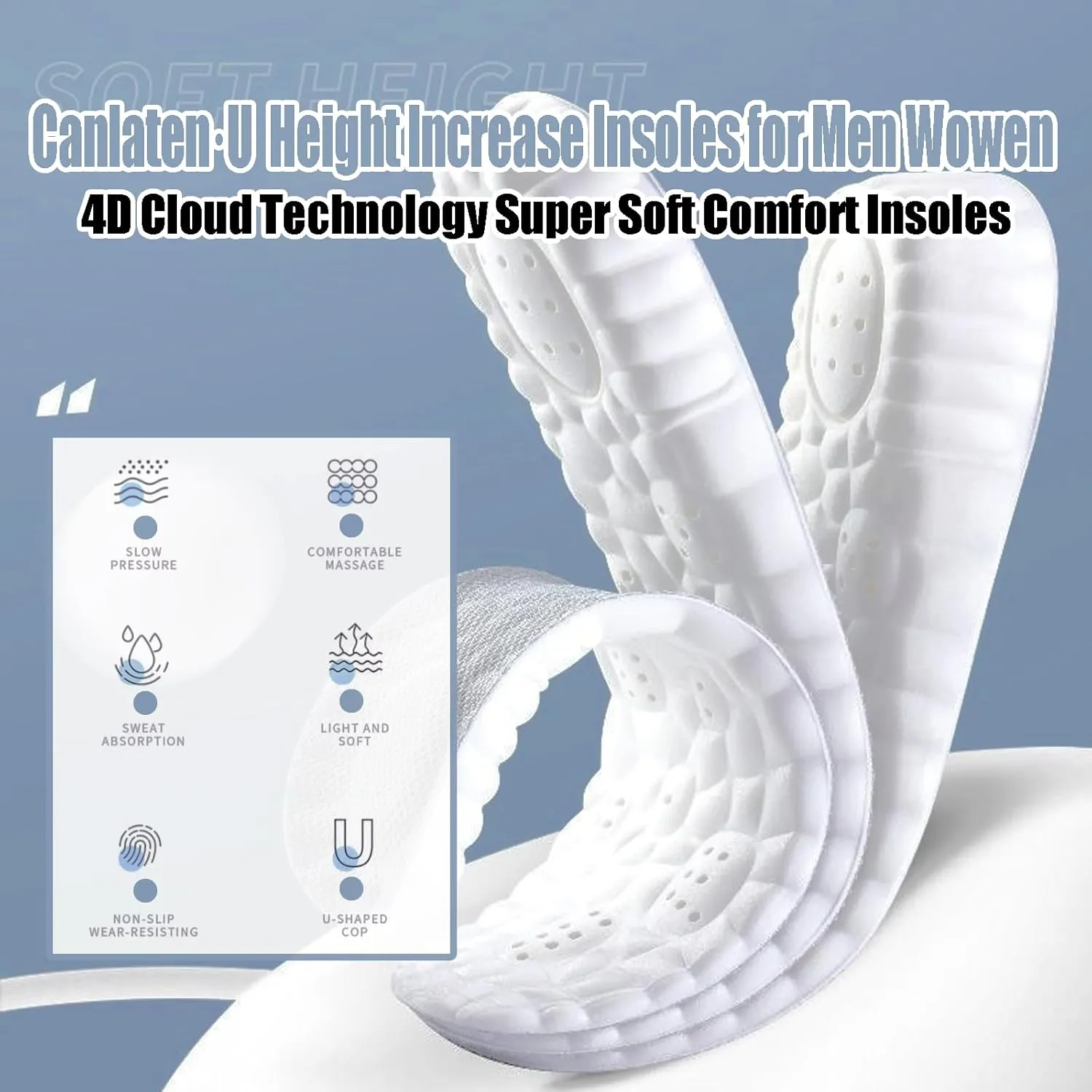 4D Cloud Height Increase Insoles for Men Wowen - Cloud Tech Insole, Soft Memory Foam Insoles, Comfort Steppers Height Increase Insoles Trim to Fit for Men Women (Gray, 1.4-in US Men 8-11)