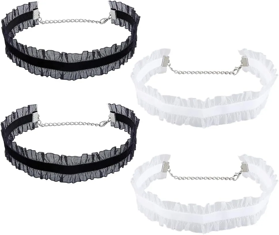 4pcs 2 Colors Lace Choker Necklace 12 inch Gothic Velvet Ribbon Chokers Ruffled Lace Choker Necklaces Adjustable Choker for Lolita Accessories Women and Ladies