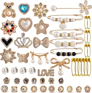 55Pcs Clothes Charms Metal Brooches and Pins Rhinestone Pearl Button Pins Jewelry Charms Brooch Pins Bulk Bag Charms Kit for Clothes Hats Bags Scarves Dcor