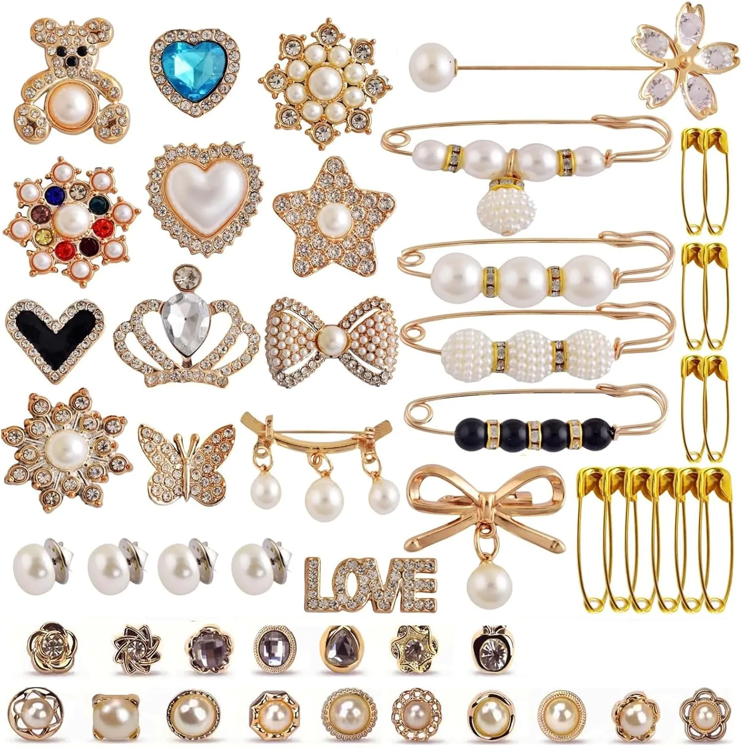 55Pcs Clothes Charms Metal Brooches and Pins Rhinestone Pearl Button Pins Jewelry Charms Brooch Pins Bulk Bag Charms Kit for Clothes Hats Bags Scarves Dcor