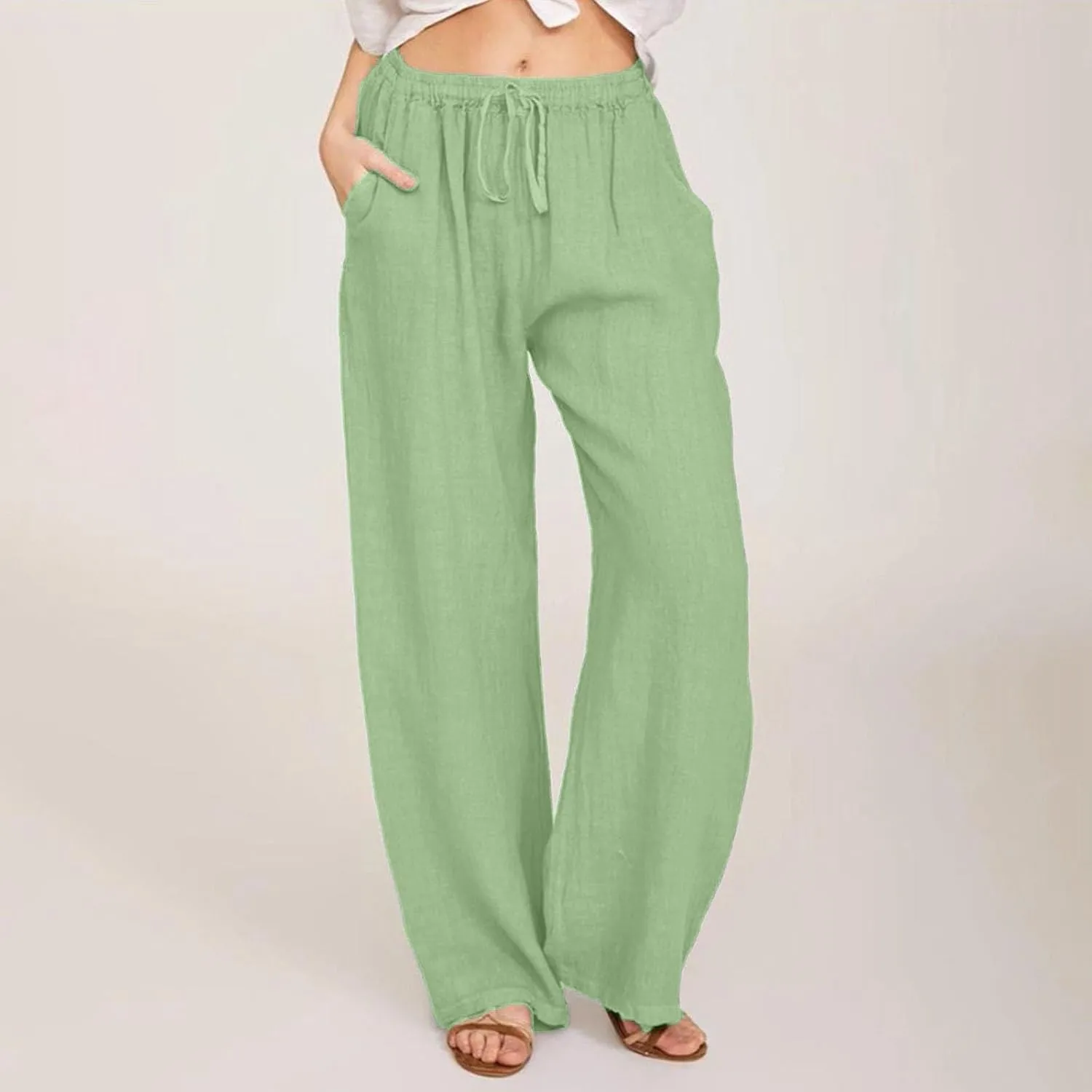 ADHOWBEW Linen Pants for Women Lounge Stretch High Waisted Dressy Petite Casual Flowy Plus Size Work Cotton Casual Pants
