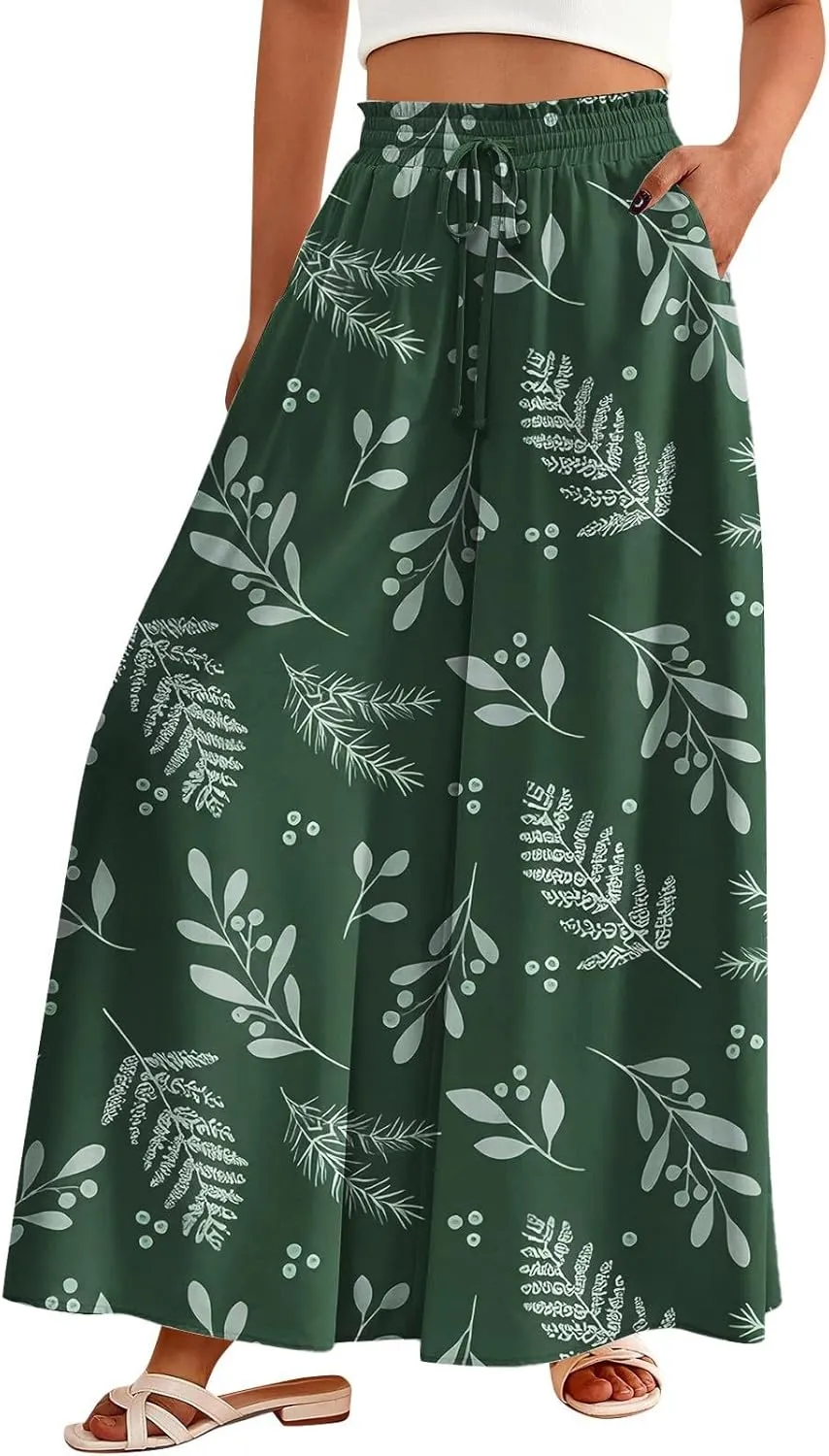 ADHOWBEW Wide Leg Pants Woman Summer Relaxed Fit Elastic Waist Casual High Waist Baggy Trendy Bottoms