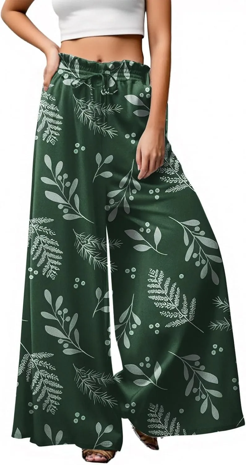 ADHOWBEW Wide Leg Pants Woman Summer Relaxed Fit Elastic Waist Casual High Waist Baggy Trendy Bottoms