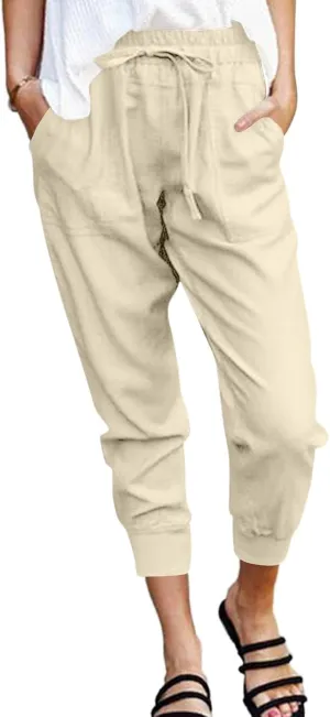 ADHOWBEW Womens Capri Cargo Pants Trendy Lounge Wide Leg Flowy Drawstring Summer Cotton Dressy Casual Bottoms with Pockets