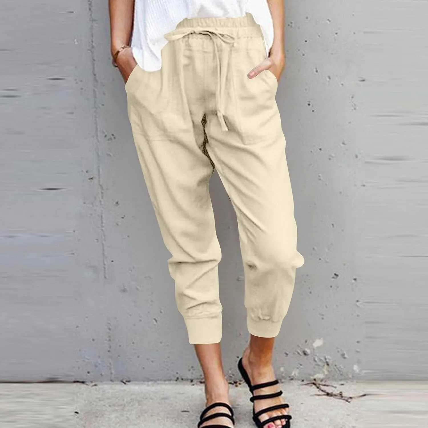 ADHOWBEW Womens Capri Cargo Pants Trendy Lounge Wide Leg Flowy Drawstring Summer Cotton Dressy Casual Bottoms with Pockets