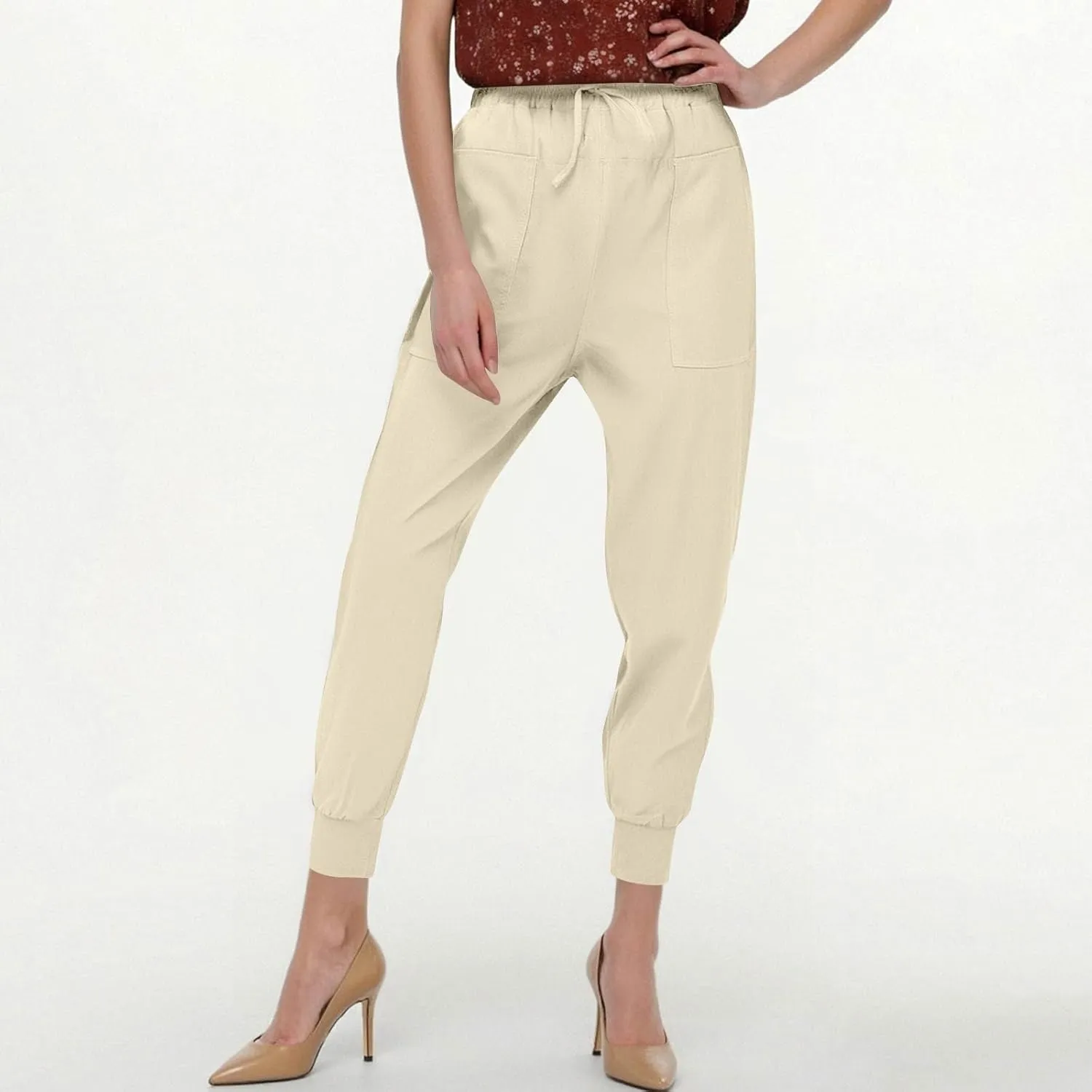 ADHOWBEW Womens Capri Cargo Pants Trendy Lounge Wide Leg Flowy Drawstring Summer Cotton Dressy Casual Bottoms with Pockets