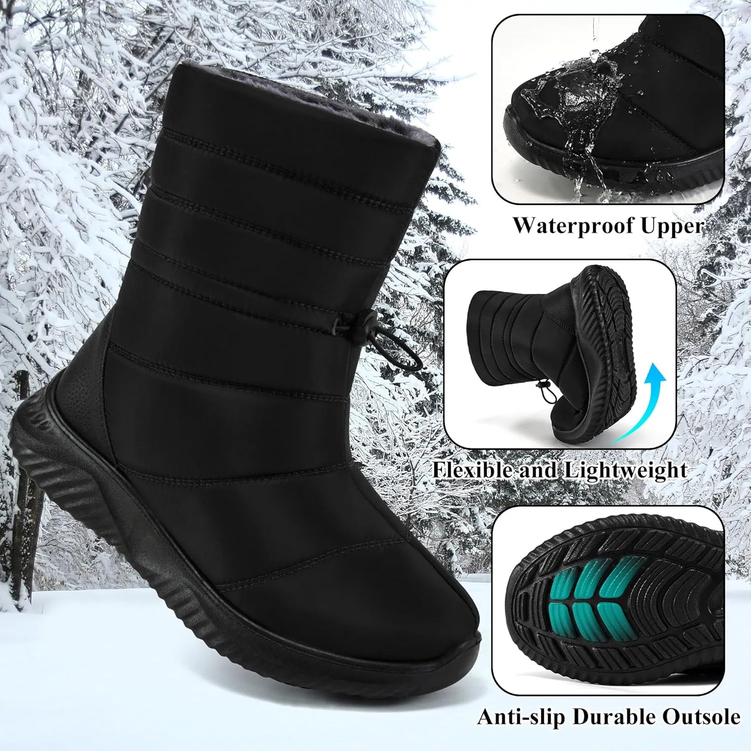 Alicegana Womens Winter Snow Boots Waterproof Warm Fur Lined Shoes Mid Calf Slip on Comfortable Booties Non Slip Boot for Women