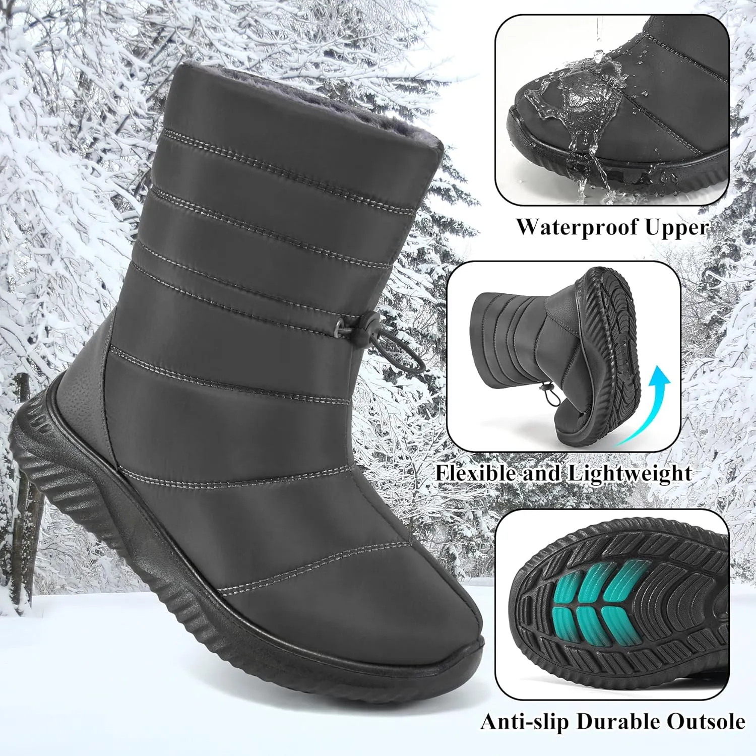 Alicegana Womens Winter Snow Boots Waterproof Warm Fur Lined Shoes Mid Calf Slip on Comfortable Booties Non Slip Boot for Women