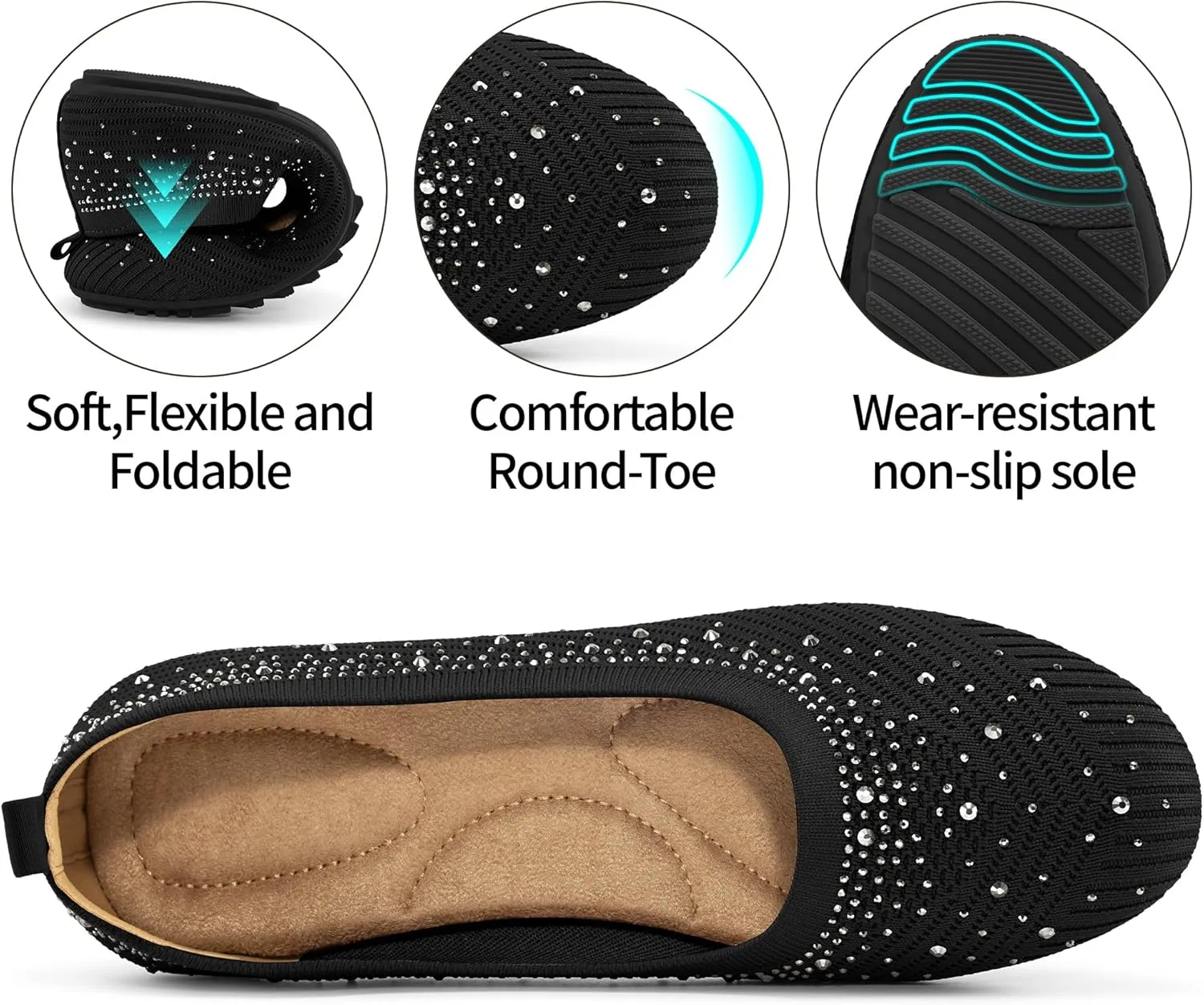 Almusen Ballets Flats for Women Dressy: Comfortable Soft Knit Work Flats Glitter Rhinestone Round Toe Casual Shoes for Office Wedding