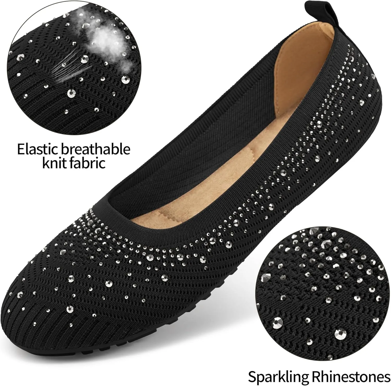 Almusen Ballets Flats for Women Dressy: Comfortable Soft Knit Work Flats Glitter Rhinestone Round Toe Casual Shoes for Office Wedding