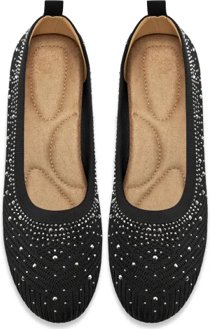 Almusen Ballets Flats for Women Dressy: Comfortable Soft Knit Work Flats Glitter Rhinestone Round Toe Casual Shoes for Office Wedding