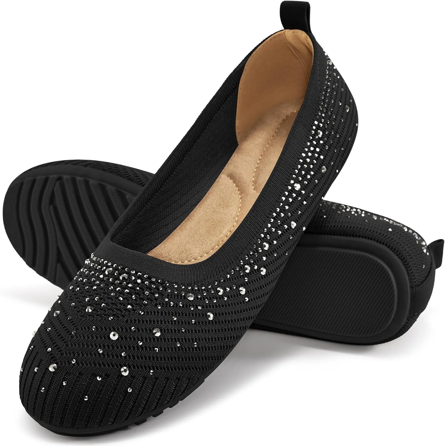 Almusen Ballets Flats for Women Dressy: Comfortable Soft Knit Work Flats Glitter Rhinestone Round Toe Casual Shoes for Office Wedding