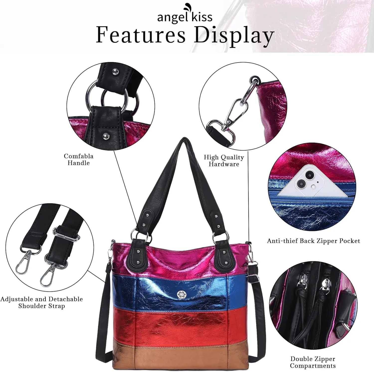Angel Kiss Hobo Purses for Women Multi-Color Striped Lattice Cross Body Shoulder Purse Bag Tote Handbag