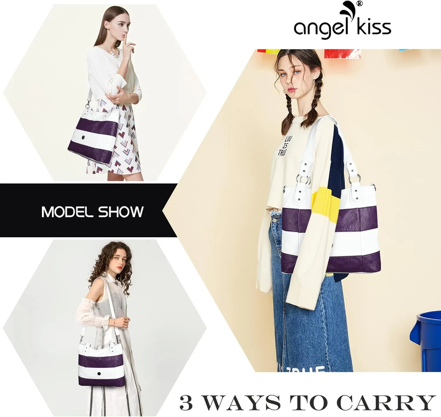 Angel Kiss Hobo Purses for Women Multi-Color Striped Lattice Cross Body Shoulder Purse Bag Tote Handbag