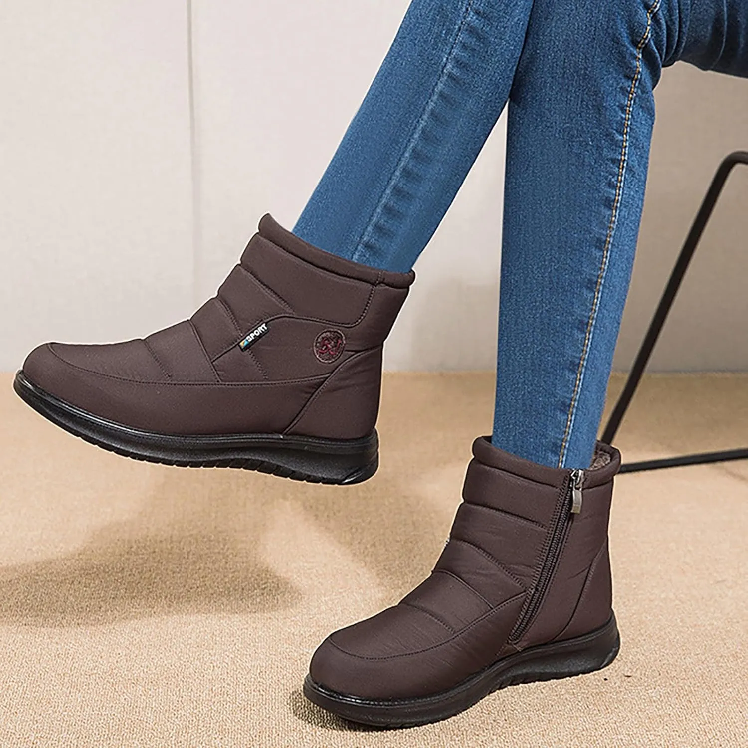 Ankle Boots for Women Low Heel Non Slip Casual Shoes Leather Side Zipper Mid Calf Hiking Boots Women Waterproof