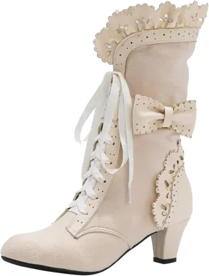 Ankle Boots for Women, Vintage Lace Up Victorian Boots Dress Riding Fall Shoes Witch Mid Calf Up Combat Boot With Bow