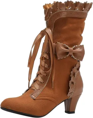 Ankle Boots for Women, Vintage Lace Up Victorian Boots Dress Riding Fall Shoes Witch Mid Calf Up Combat Boot With Bow
