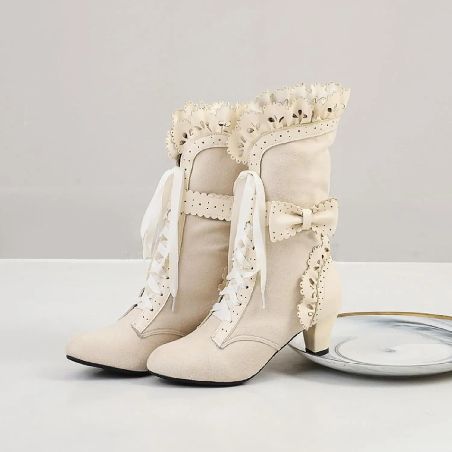 Ankle Boots for Women, Vintage Lace Up Victorian Boots Dress Riding Fall Shoes Witch Mid Calf Up Combat Boot With Bow