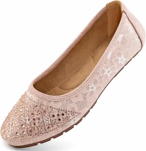 Ballet Flats for Women Dressy : Comfortable Dress Rhinestone Lace Wedding Flat for 2025 - Ladies Slip On Walking Office Shoes