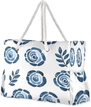 Beach Bag - Large Tote Bags for Women Blue Flower Ink Painting Pattern Shoulder Bags Zipper Waterproof Sandproof for Travel Gym Swim Daily