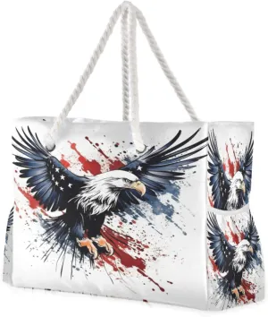 Beach Bag - Large Tote Bags for Women Eagle Blue Red Patriot Red Blue Shoulder Bags Zipper Waterproof Sandproof for Travel Gym Swim Daily