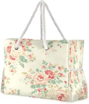 Beach Bag - Large Tote Bags for Women Flower Red Pink Pattern Leaves Shoulder Bags Zipper Waterproof Sandproof for Travel Gym Swim Daily