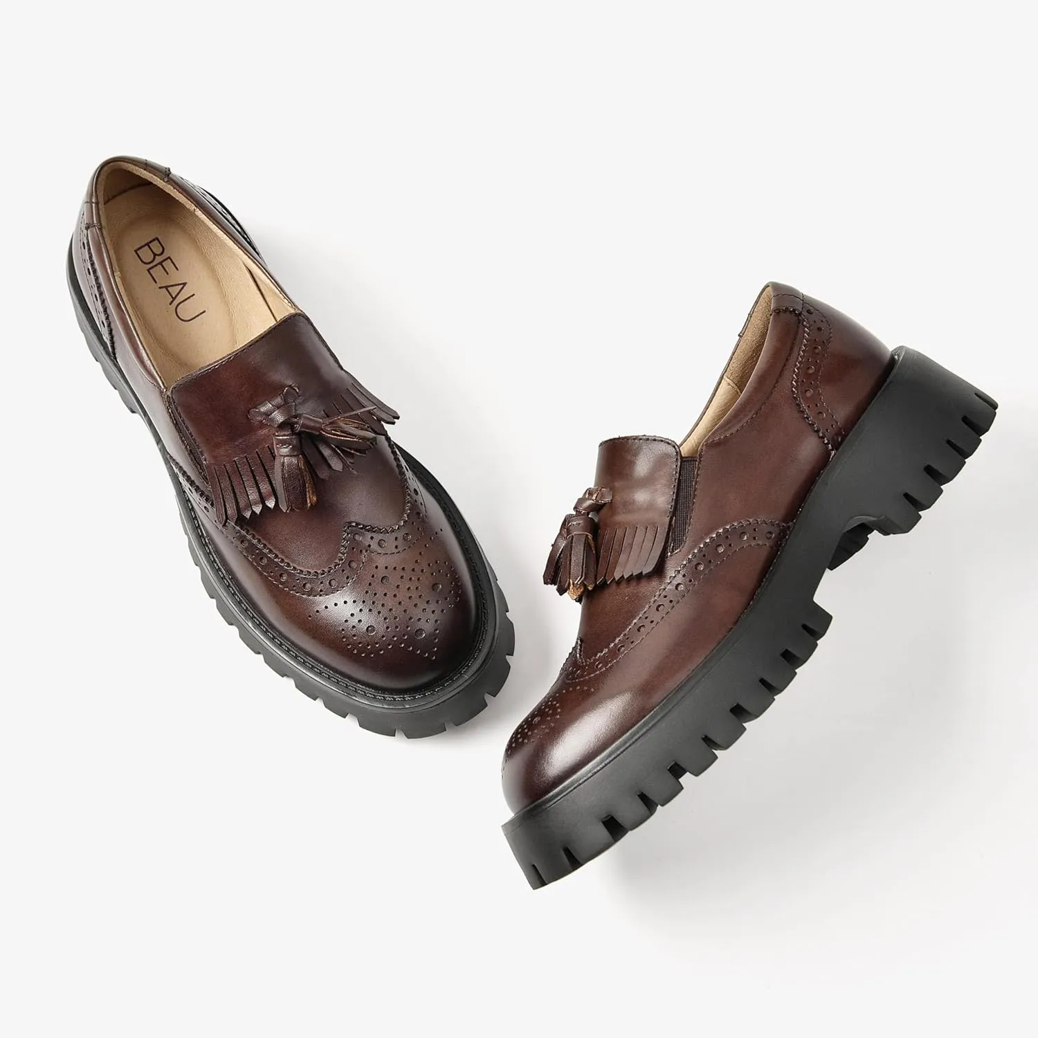 BEAU TODAY Chunky Loafers for Women, Women??s Leather Platform Loafers, Lug Sole Tassel Slip On Loafers Shoes Brogues Wingtip Casual Business Shoes Comfortable Dressy