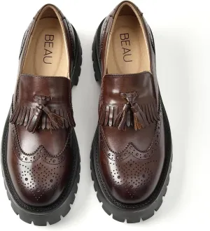 BEAU TODAY Chunky Loafers for Women, Women??s Leather Platform Loafers, Lug Sole Tassel Slip On Loafers Shoes Brogues Wingtip Casual Business Shoes Comfortable Dressy