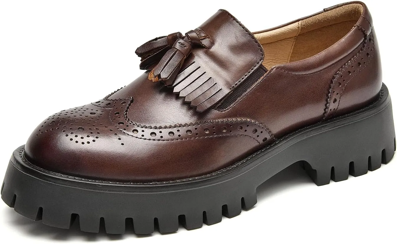 BEAU TODAY Chunky Loafers for Women, Women??s Leather Platform Loafers, Lug Sole Tassel Slip On Loafers Shoes Brogues Wingtip Casual Business Shoes Comfortable Dressy