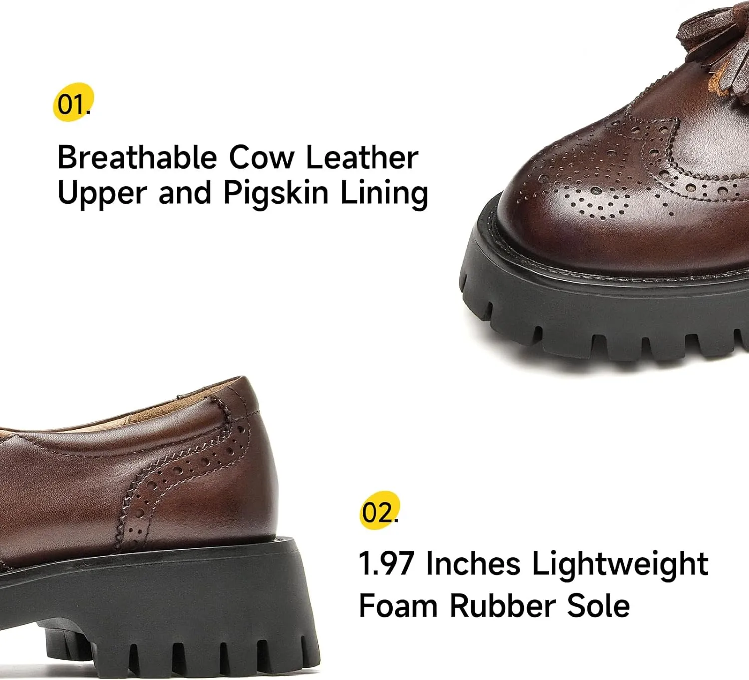BEAU TODAY Chunky Loafers for Women, Women??s Leather Platform Loafers, Lug Sole Tassel Slip On Loafers Shoes Brogues Wingtip Casual Business Shoes Comfortable Dressy