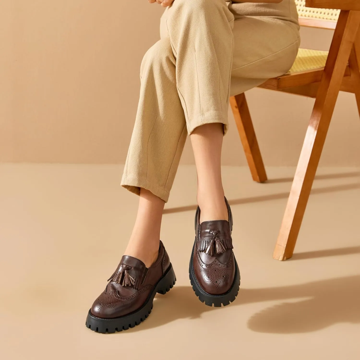 BEAU TODAY Chunky Loafers for Women, Women??s Leather Platform Loafers, Lug Sole Tassel Slip On Loafers Shoes Brogues Wingtip Casual Business Shoes Comfortable Dressy