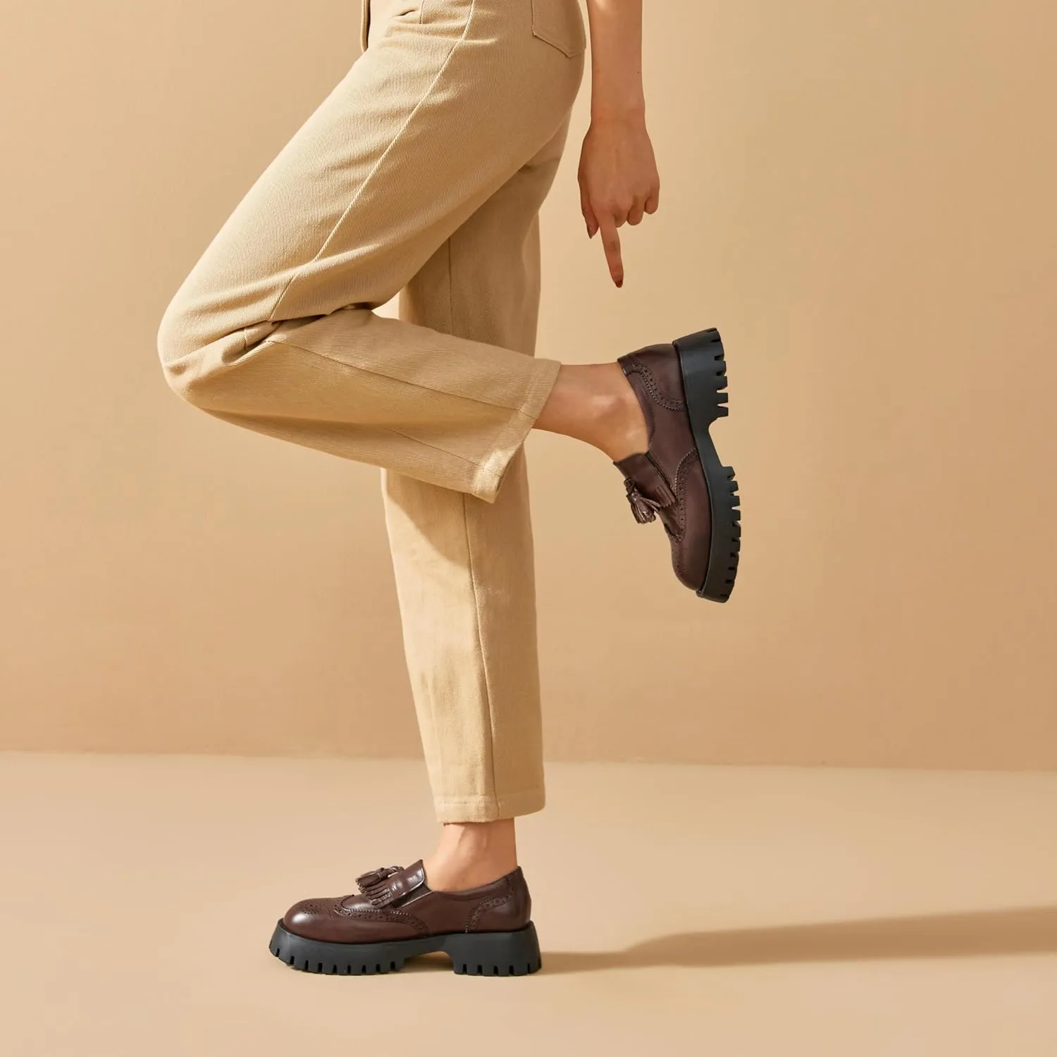 BEAU TODAY Chunky Loafers for Women, Women??s Leather Platform Loafers, Lug Sole Tassel Slip On Loafers Shoes Brogues Wingtip Casual Business Shoes Comfortable Dressy